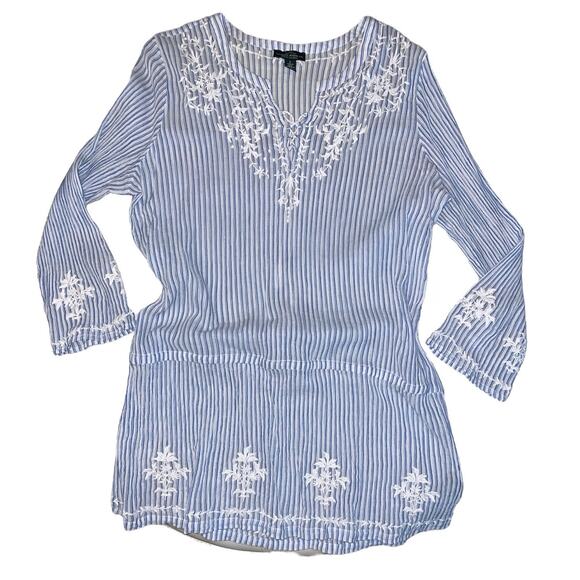 Lauren Ralph Lauren Striped Embroidered Peasant Blouse size Large - Picture 1 of 8